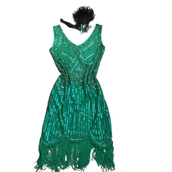 Flapper Roaring 20s Cosplay Costume Dress & Headdress Sz M Green 169C - Picture 2 of 10